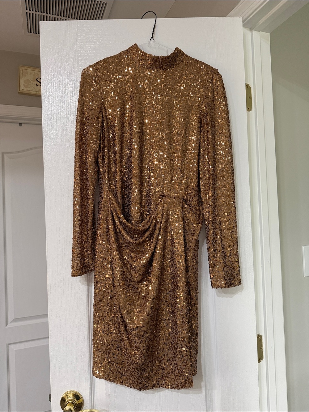 Anne Klein Bronze Sequin Long-Sleeve Draped Cocktail Dress